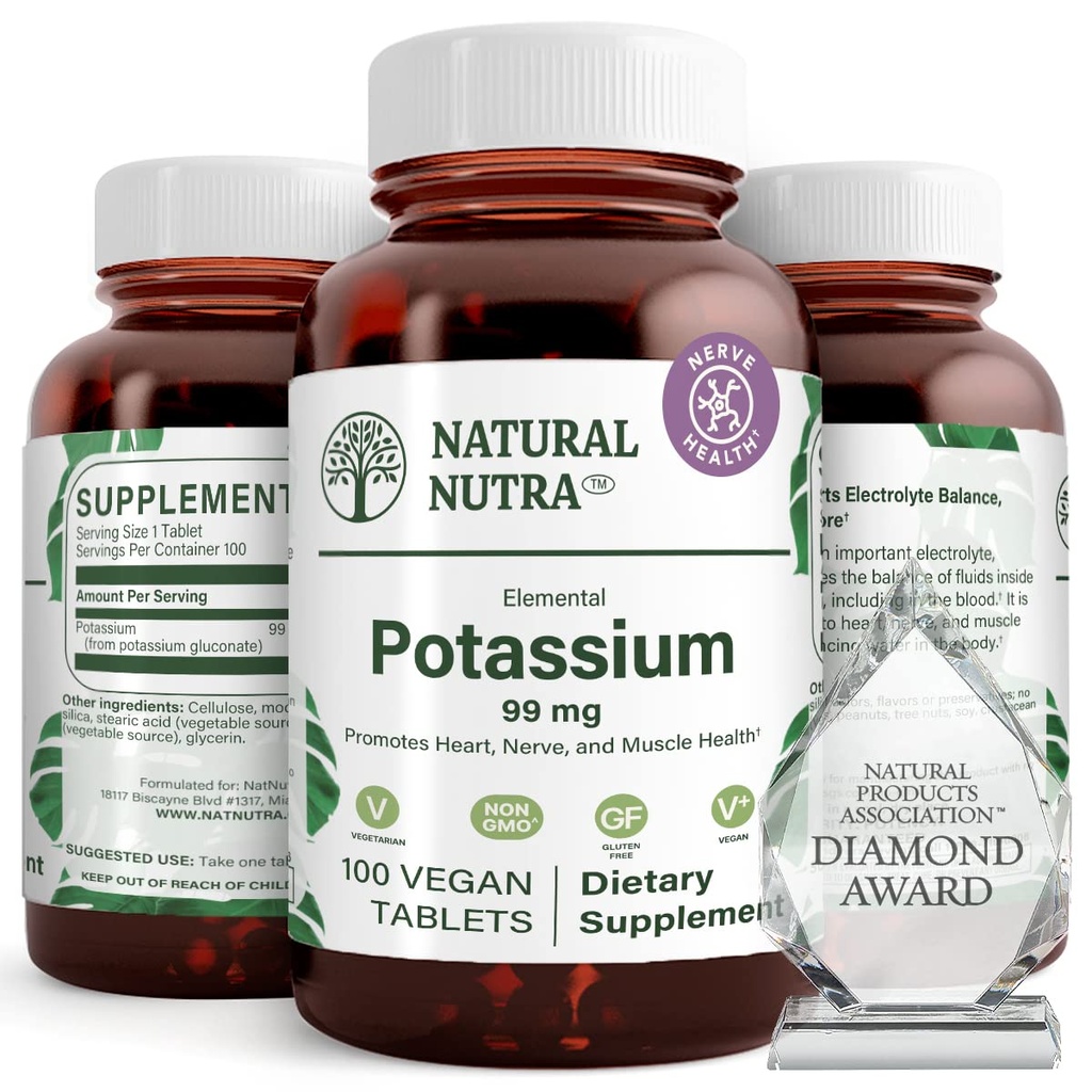 Natural Nutra Elemental Kalium Gluconate 99 mg Nahrungsergänzung – Fördert Energie, fördert Nervous System, fördert Herzgesundheit, Mineralverordnung, Muskelfunktion - 100 Vegan Tabletten