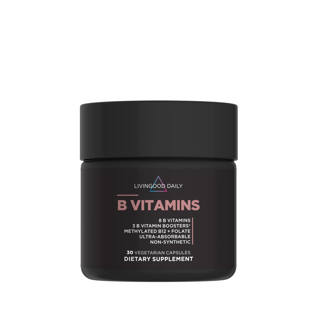 Livingood Daily Vitamin B Complex Kapseln für Männer und Frauen, Methyliertes B12 & Folate, 11 aktive Formen einschließlich B1 B2 B3 B5 B6 & Biotin, Glutenfrei, Vegan B Vitamine für Haar Hautnägel, 30 Kapseln