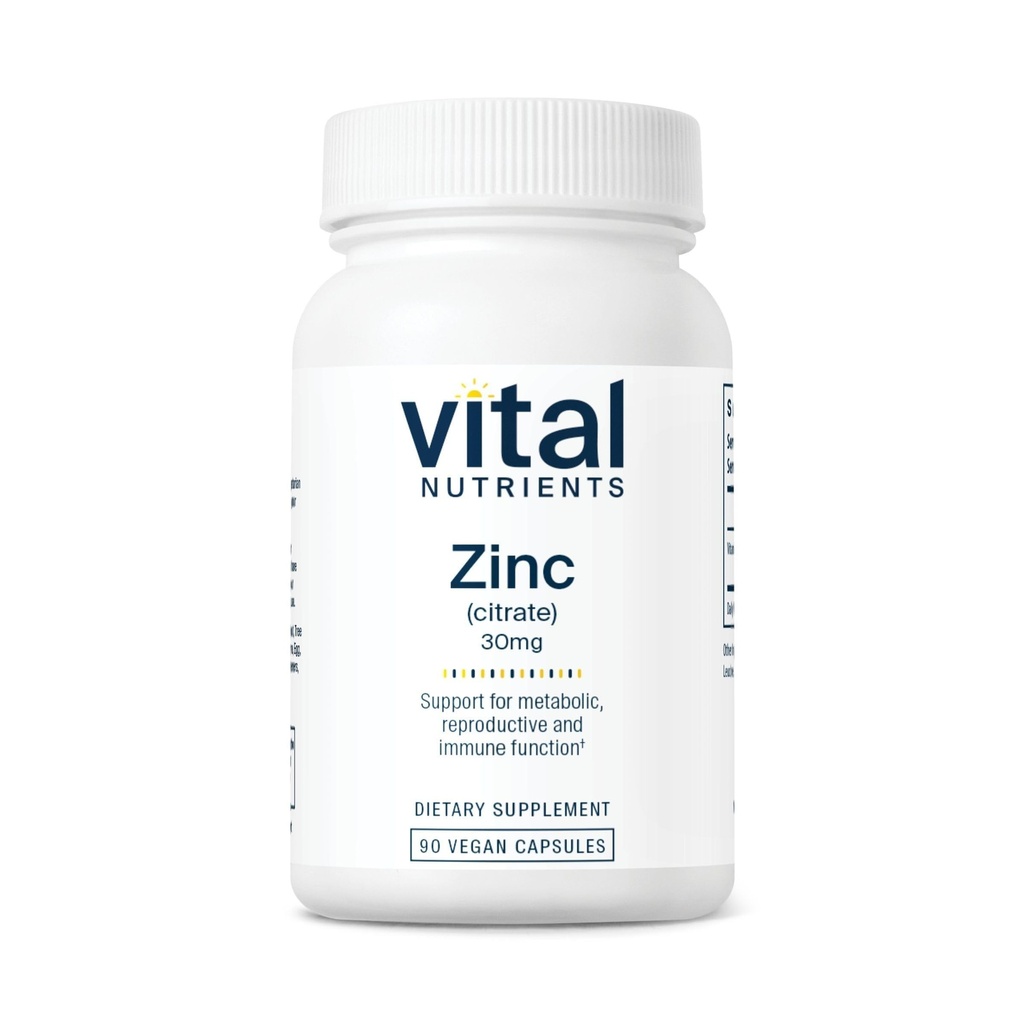 Vital Nährstoffe Zink Citrat 30mg | Leicht absorbierte Immununterstützungsergänzung* | Vegan Zinkergänzung | Gluten, Dairy, Soy Free | Non-GMO | 30mg | 90 Kapseln
