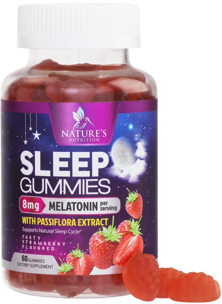 Schlafgummis für Erwachsene Extrastärke 8mg - Melatonin mit Passiflora-Extrakt für erholsamen Schlaf - Fast Acting Melatonin Sleep Gummy Supplement, Vegan, Non-GMO, Tasty Strawberry Flavor - 60 Gummis