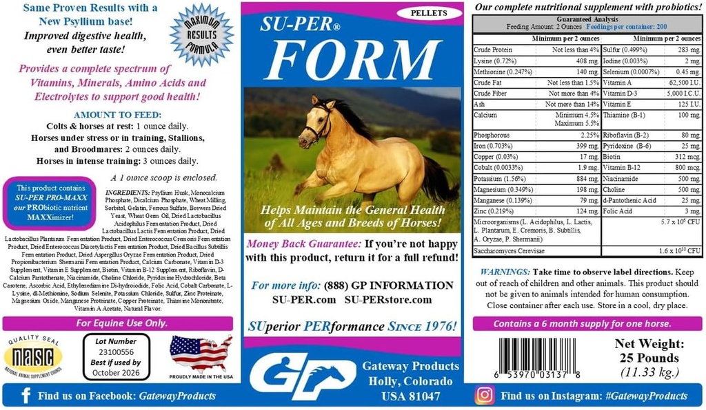 SU-PER Form Pferde Vitamine und Mineralstoffe Pellets - Nahrungsergänzung mit Probiotika - Vitamine, Mineralien, Aminosäuren & Elektrolyte - Hilft die allgemeine Gesundheit - 25 Pfund, 6 Monate Versorgung