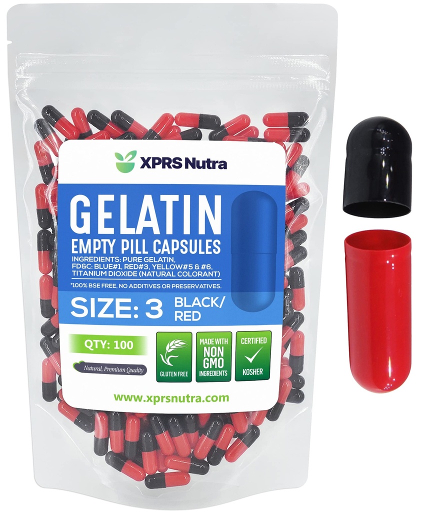 XPRS Nutra Size 3 Empty Capsules - 100 Count Empty Gelatin Capsules - Pills DIY Capsule Filling - Pure Bovine Pill Gel Caps Fillable for Do-It-Yourself Vitamins and Supplements (Black/Red)