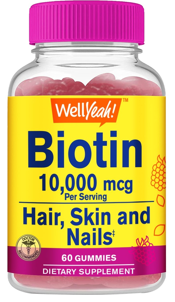 WellJa High Potency Biotin 10.000 mcg Gummis - für stärkeres Haar, Haut und Nägel - Vegan-Friendly, Glutenfrei, Non-GMO und leckere Berry Flavor - 60 Gummis