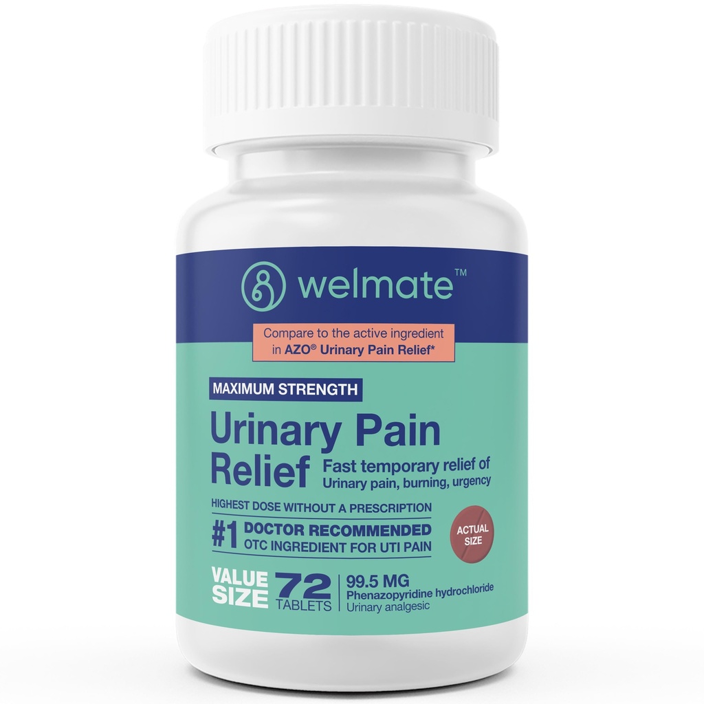 WELMATE - Urinary Pain Relief (72 Tabletten) - Phenazopyridin Hydrochlorid 99.5mg - Urinary Pain, Urgency, & Discomfort - Maximum Strength - Over-The-Counter Medication