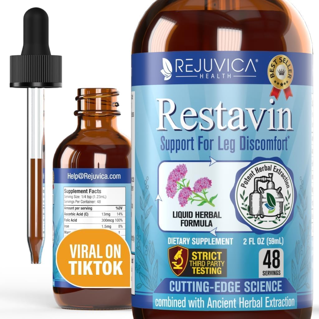 Restavin - Advanced Leg Support Supplement - Flüssige Lieferung für bessere Absorption - Vitamin C, Eisen, Valerian, Turmeric, Magnesium &amp; Mehr!