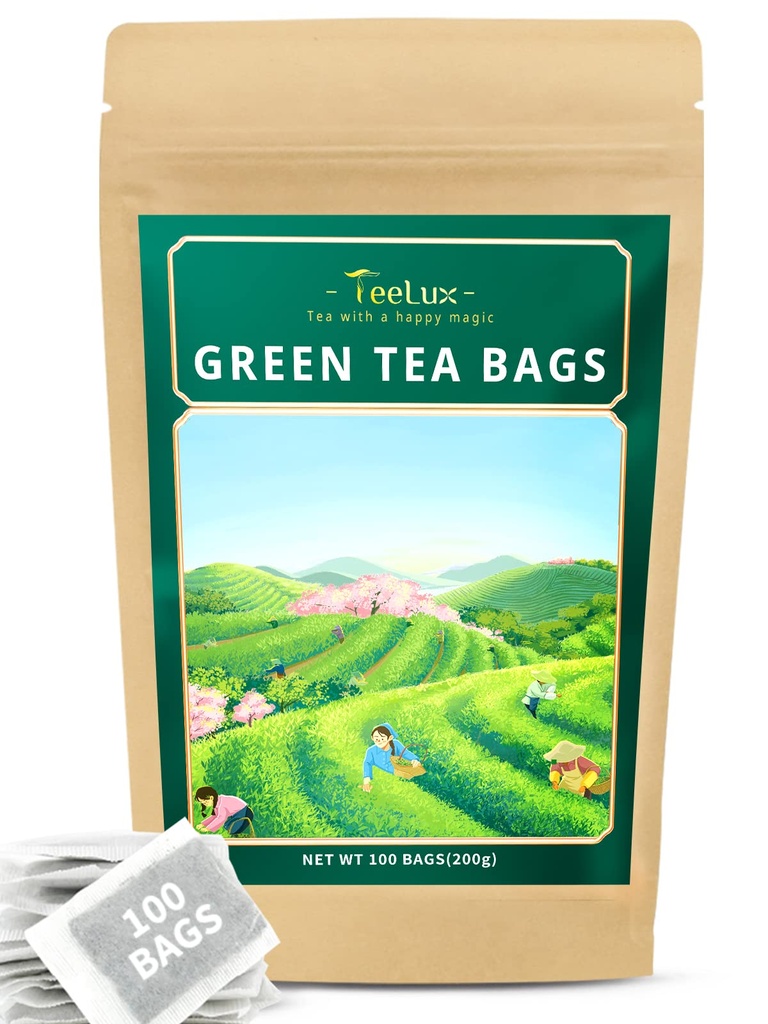 TeeLux Green Tea Bags, Thé Vert Naturel Pure, Super Antioxydant, Caféiné, 100 Sacs à Thé Comte pour soutenir la santé globale