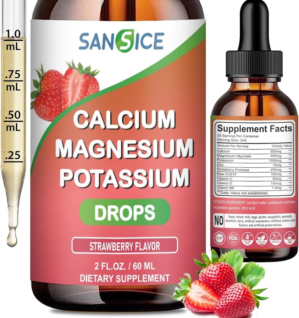 Suppléments de potassium de magnésium de calcium, glycinate de magnésium 400mg Zinc Multivitamine gouttes Supplément de potassium de calcium Haute absorption Vegan Non OGM (60ml/arôme de mûre)