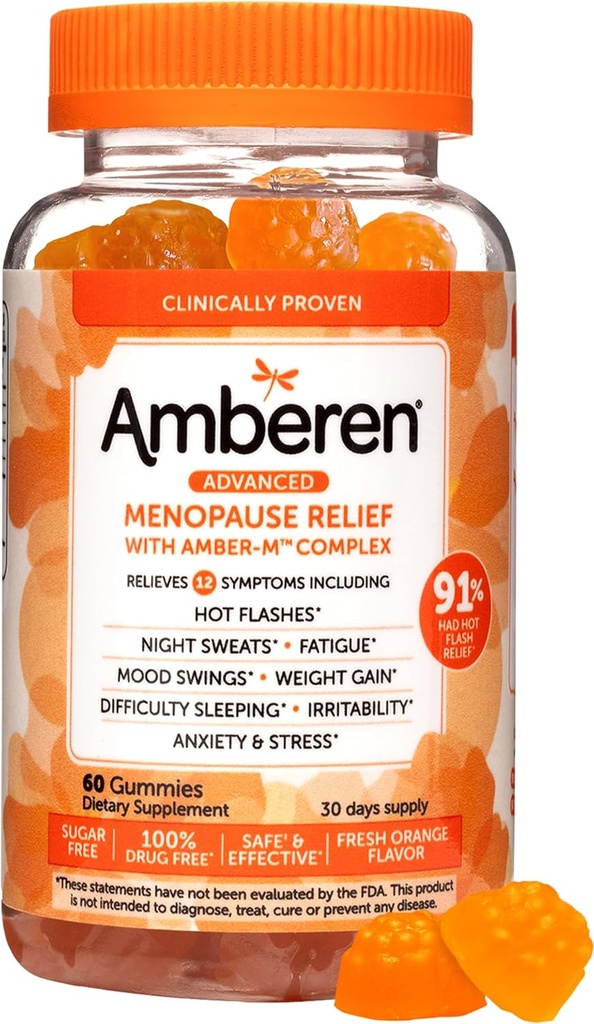 Suppléments de ménopause ambrés pour les femmes, soulagement multisymptômes, vitamine E et composé d'ambreen unique, aide à soutenir l'équilibre hormonal, les éclairs chauds et la sueur de nuit, sans sucre, saveur orange, 60 gommes