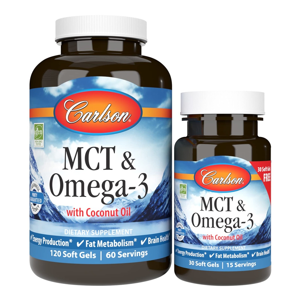 Carlson - MCT & Omega-3, Huile de coco, Acides Capryliques & Capric, EPA & DHA, Production d'énergie, Fat Metabolism & Cerveau Health, 120+30 Softgels