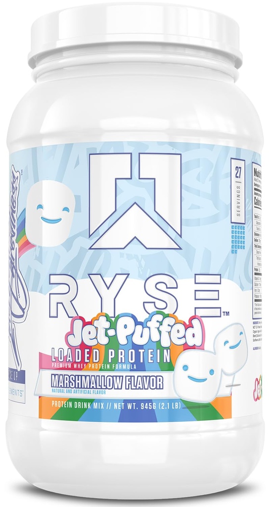 RYSE Loaded Protein Powder - Jet-Puffed Marshmallow - 25g Whey Protein Isolat & Konzentrat mit Prebiotic Fiber & MCT - Low Carb, Low Sugar, Digestive-Friendly - 27 Portionen / 2 lb Tub
