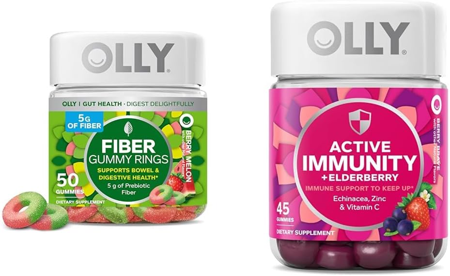 OLLY Fiber Gummy Ringe 50ct & Aktive Immunität + Elderberry Gummis 45ct Berry Flavors Verdauungs- und Immununterstützung