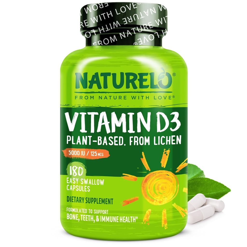 NATURELO Vitamin D - 5000 IU - Pflanze aus Lichen - Natürliche D3 Ergänzung für Immunsystem, Knochenunterstützung, Gelenkgesundheit - Hohe Potenz - Vegan - Non-GMO - Glutenfrei - 180 Kapseln