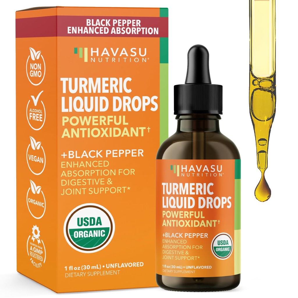 USDA Organic Turmeric Liquid Drops with Black Pepper - 1000mg Curcumin Supplement for Immune & Digestive Health - 30 Servings - Enhanced Absorption - Non-GMO, Vegan, Gluten Free - Unflavored, 1 Fl Oz