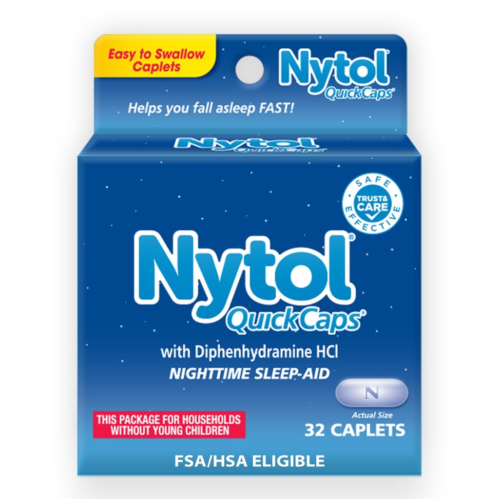 Nytol Quick Caps Nighttime Sleep Aid mit Diphenhydramine HCI, Easy-to-Swallow Caplets schnell einschlafen, 32 Count