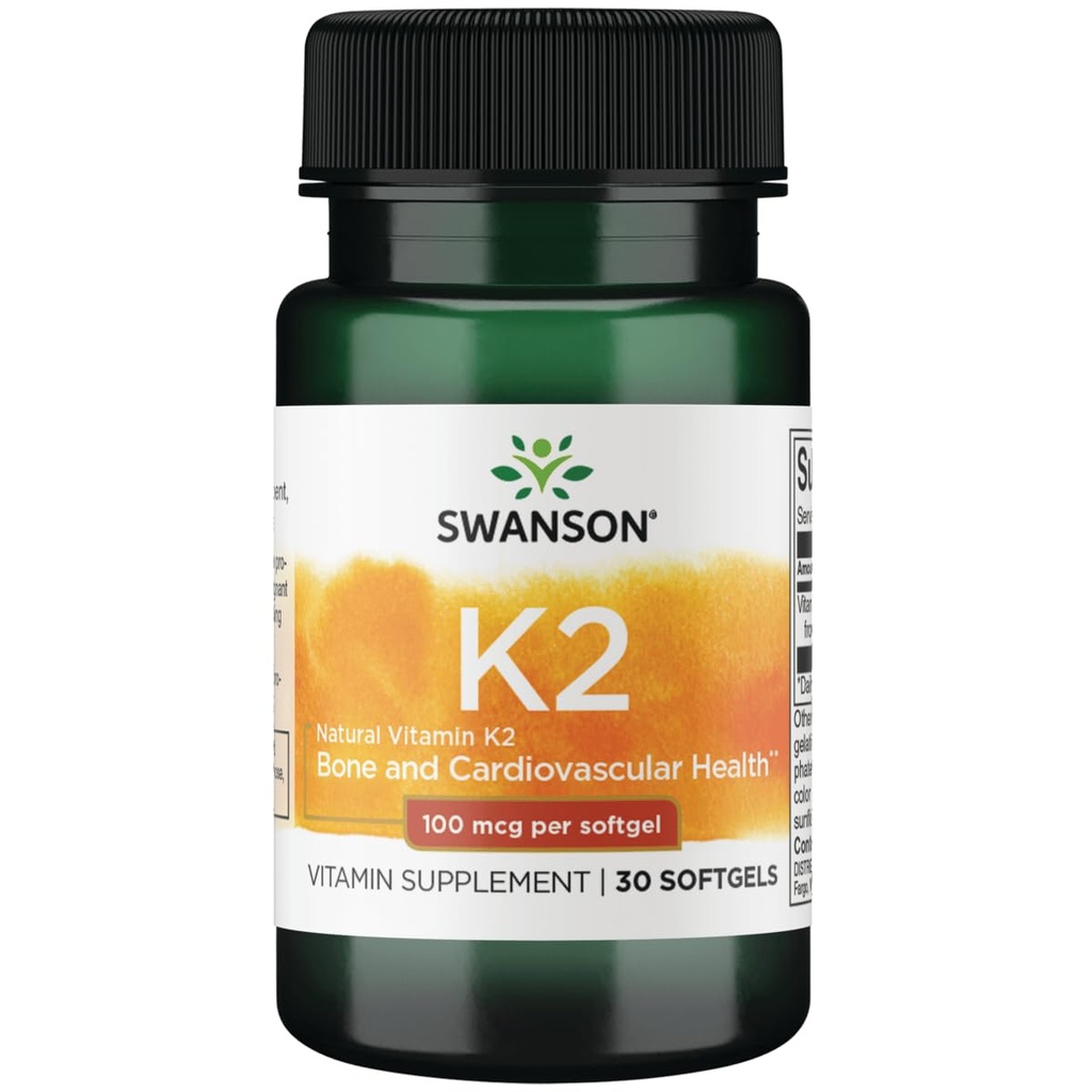 Swanson Vitamin K2 (Menaquinone-7) - Vitaminergänzung Unterstützung Herz-Kreislauf- und Knochengesundheit - Hergestellt aus japanischer Natto, um Kalzium zu regulieren - (30 Softgels, 100mcg Jeder)