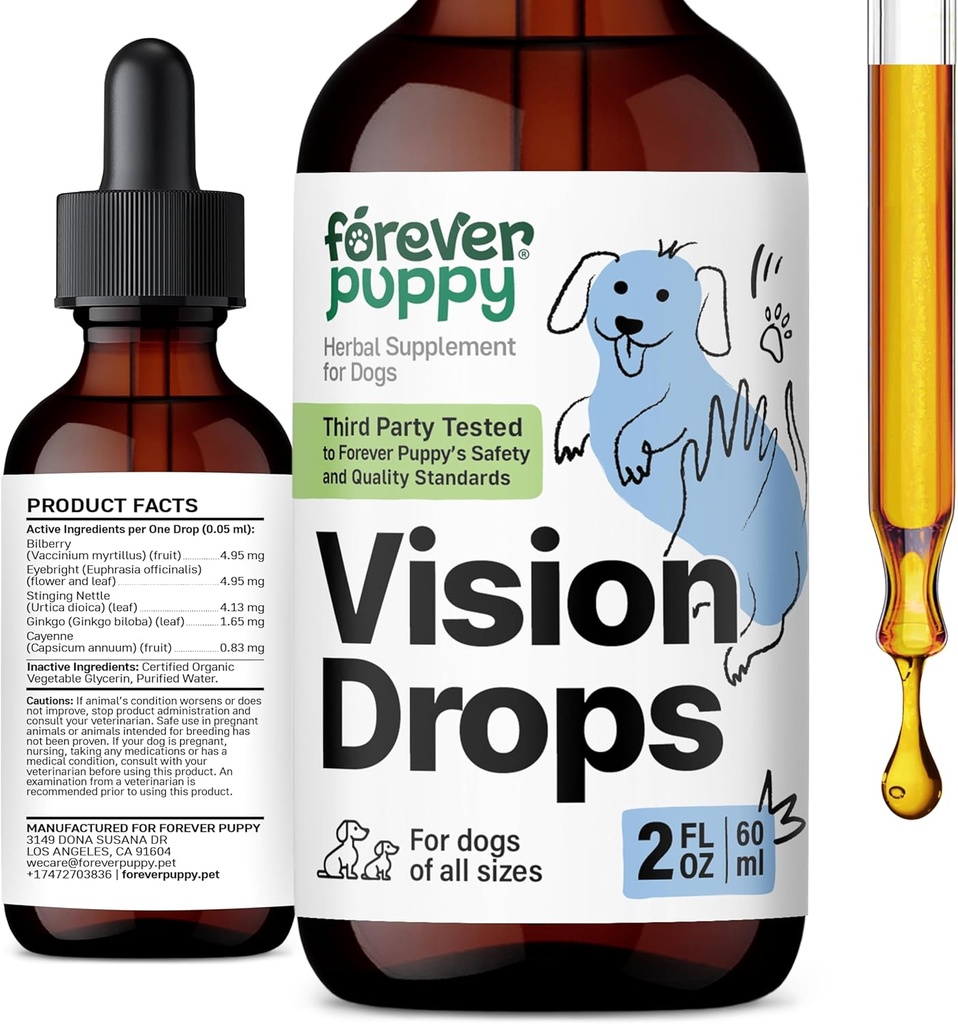 Forever Puppy Vision Ergänzungen für Hunde - Augenzuschnitt w/Bilberry & Eyebright Kräuter - Alle Rassen & Größen - Flüssige Hunde Nahrungsergänzungsmittel für Vision Support & Augenklarheit - Zucker & Alkoholfrei - 2 oz