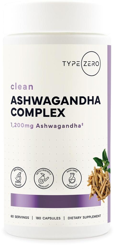 Typ Zero KSM-66 Ashwagandha Root Extract 1.200mg, 60 Portionen - Hohe Potenz 5% Withanolides - mit Turmeric, Rhodiola Rosea und BioPerine Black Pepper Extract - 180 Veggie Caps