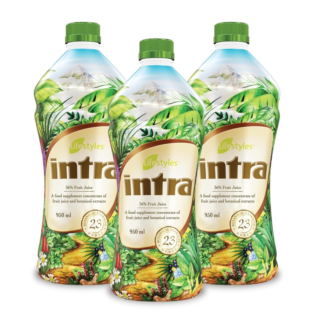 Lifestyles Intra Kräutersaft trinken – Botanische Getränke für Immununterstützung, Detox, Verdauungs- und Herz-Kreislauf-Gesundheit – 23 Botanische Extrakte – Made in Canada Trio Pack (950 mL /32 fl oz pro Stück)