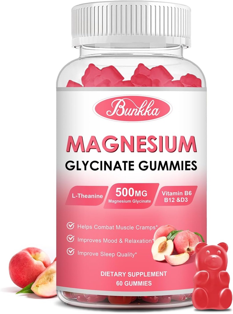 Magnesium-Glycinat-Gummien - Zuckerfrei, Magnesium-Komplex-Kalium-Ergänzung mit Kalium, VitaminD, B6 für Kalm, Schlaf & Stress-Relief für Erwachsene - 60 Peach-Gummien