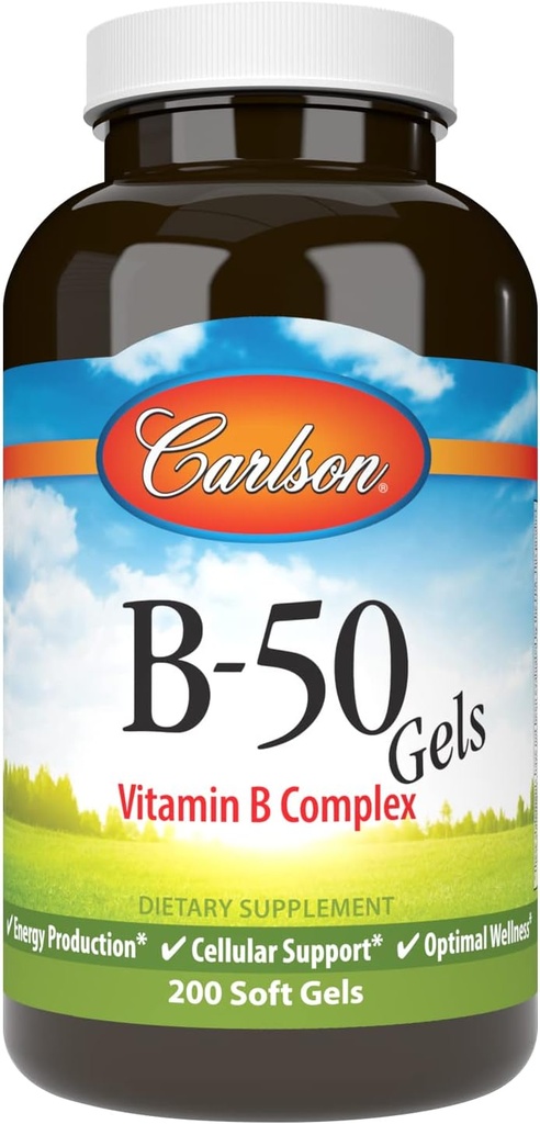 Carlson - Gels B-50, Complexe Vitamine B, Production d'énergie, Support cellulaire et bien-être optimal, 200 Softgels