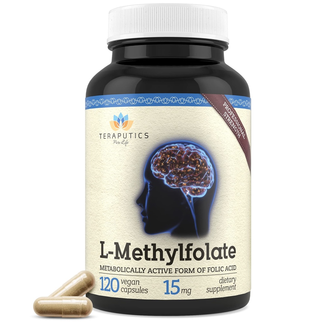 Téraputiques L-Méthylfolate 15mg.120 Capsules véganes Premium. Supplément 5-MTHF en Méthyle actif pour la méthylation de l'homocystéine d'humeur – Non-OGM sans gluten, sans remplissage - Soutien du cerveau acide folique