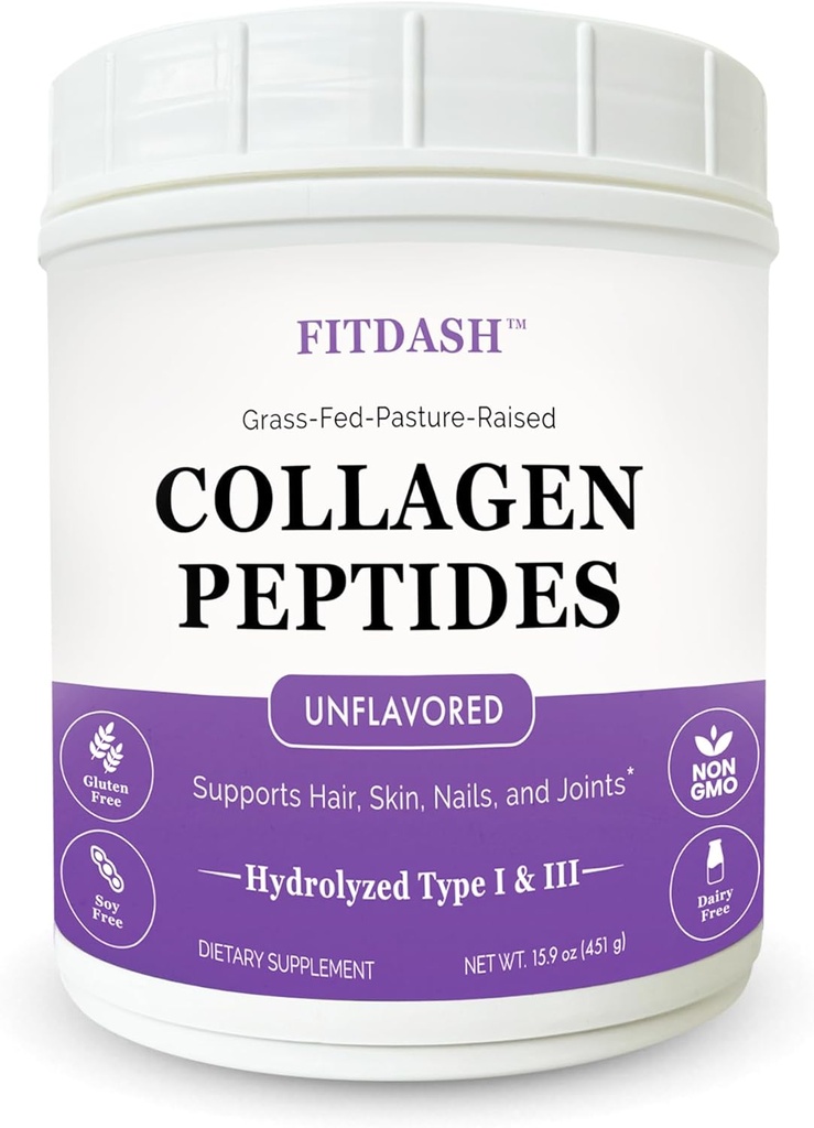 Collagène Peptides Hydrolysés Collagène en poudre de type I et III, soutient les cheveux, les ongles et les articulations. 41 portions non aromatisées 15.9 Oz. Pâturées à l'herbe.