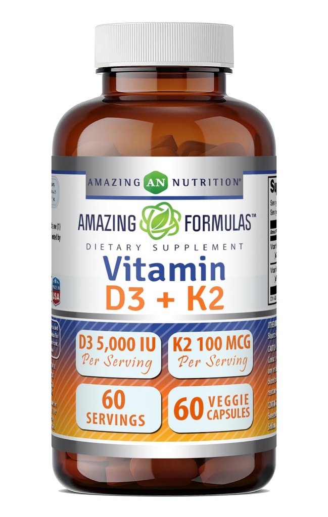 Erstaunliche Formeln Vitamin D3 5000 IU mit Vitamin K2 100 mcg | D3 + K2 Complex Supplement | Veggie Kapseln | Non-GMO | Gluten Free | Made in USA (60 Count)