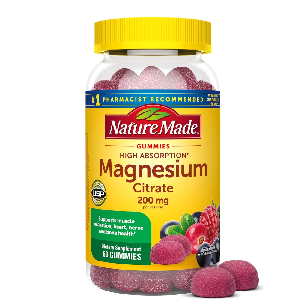 Natur gemacht hohe Absorption Magnesium Citrat 200 mg pro Portion, Magnesium Ergänzung für Muskel, Nerve, Knochen und Herz Unterstützung, 60 Magnesium Gummie, 30 Tage Versorgung
