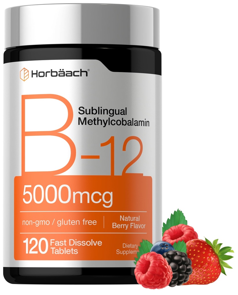 Horbäach B12 Vitamine 5000 mcg. 120 comprimés dissolvants rapides.