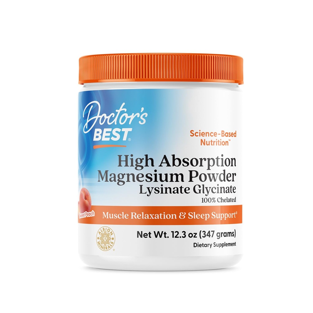 Doctor's Best High Absorption Magnesium Pulver (Peach Flavored) 100% Chelat TRACCS, nicht gepuffert, Kopfschmerzen, Muskel, Vegan, Peach Flavor, 12.3 Unze (Pack von 1)