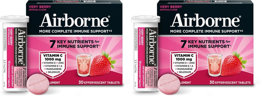 Airborne 1000mg Vitamin C mit Vitamin D & Zinc, Sugar Free Multivitamin Immun Support Supplement, Antioxidantien Vitamine A C & Vitamin E, 30 Brausetabletten, Sehr Berry Flavor (Pack von 2)
