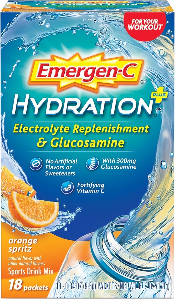 Emergen-C Hydration + Sportgetränk Mischung mit Vitamin C (18 Zähler, Orange Spritz Flavor mit Glucosamin), Elektrolyt-Replikation, 0.34 Unze Pulver-Packets