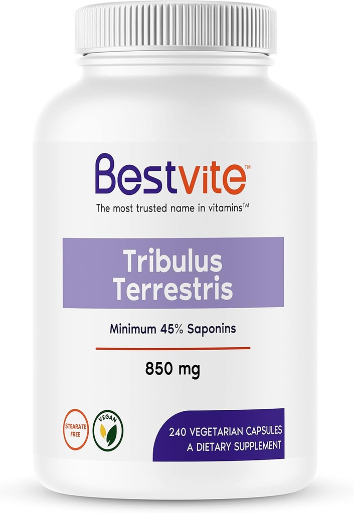 BESTVITE Tribulus Terrestris 850mg pro Kapsel (240 vegetarische Kapseln) - Standardisierter Extrakt - Min 45% Saponine - No Stearates - Kein Silikondioxid - keine Füllstoffe - Vegan - Non GMO - Glutenfrei