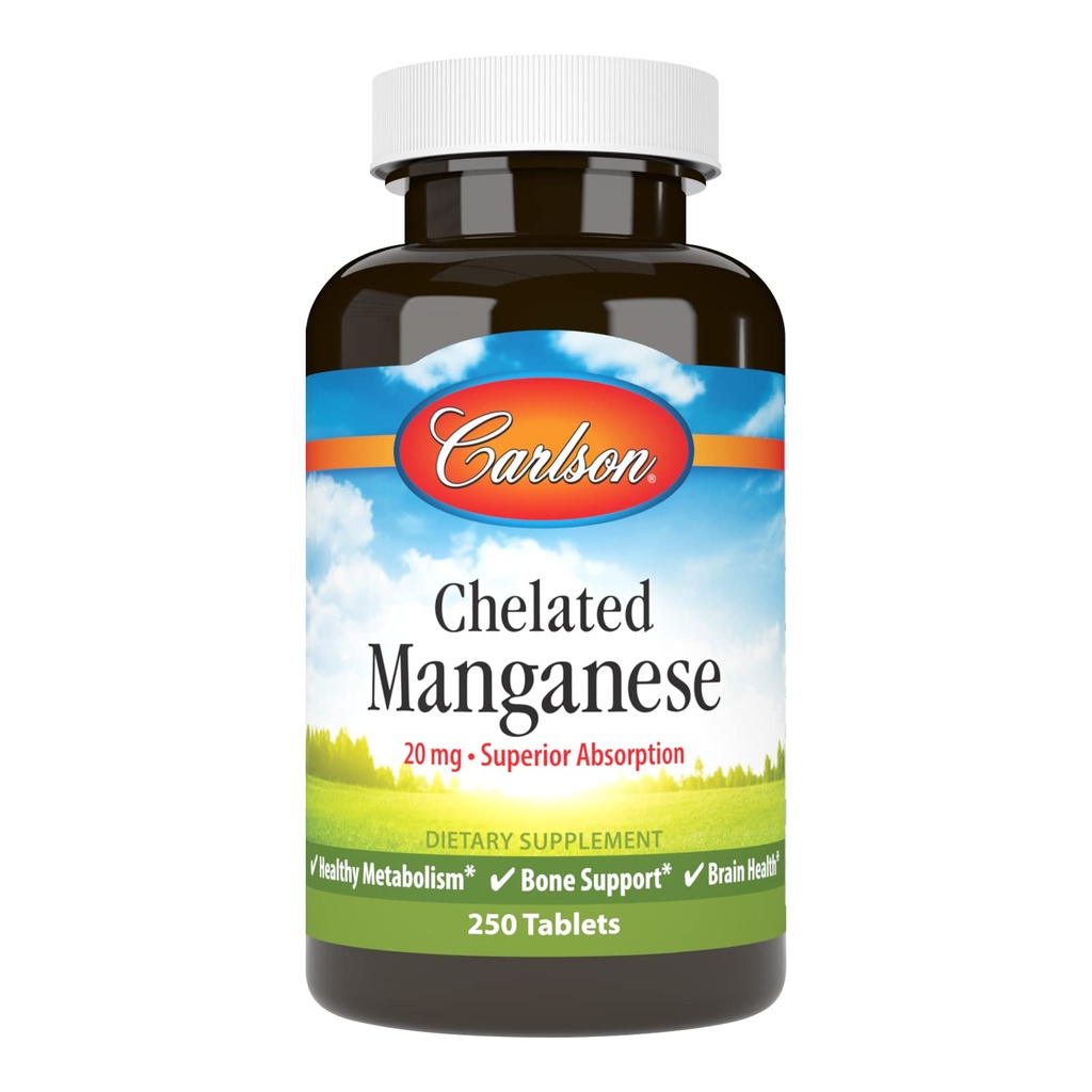 Carlson - Chelat Manganese, 20 mg - Überlegene Absorption, Gesunde Stoffwechsel, Knochenunterstützung und Gehirngesundheit, 250 Tabletten