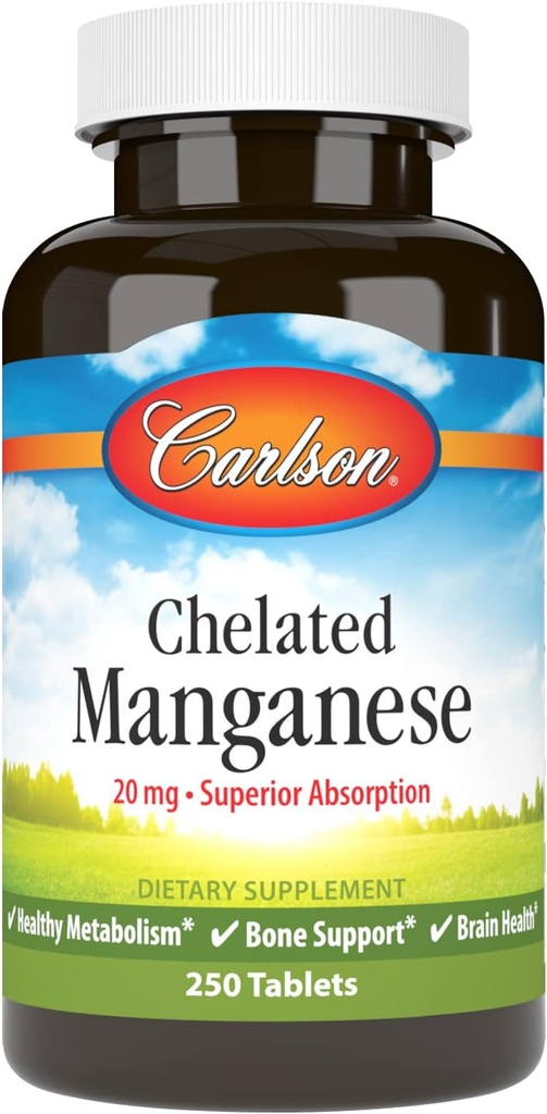 Carlson - Manganèse chélaté, 20 mg - Absorption supérieure, métabolisme sain, soutien des os et santé du cerveau, 250 comprimés