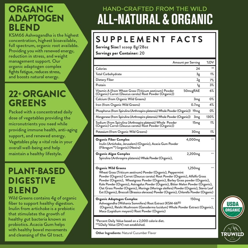 TruWild Greens Superfood Juice Powder, avec 22+ Verts et anti-oxydants, Immune naturelle, Stress, Poudre de soutien de digestion, 90 portions, 3 pack