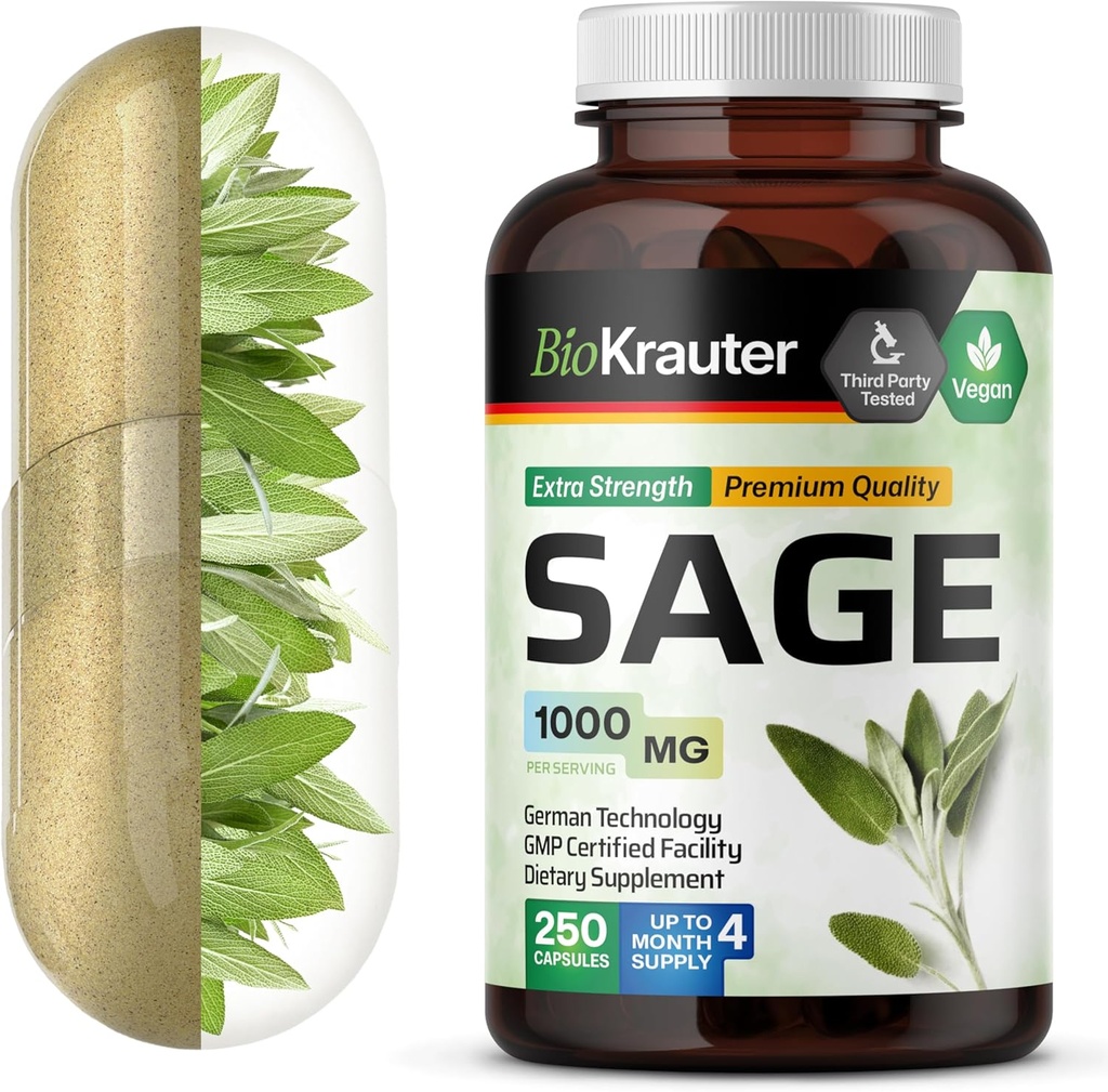 BIO KRAUTER Sage Ergänzung Kapseln 1000 mg - 250 Vegan Caps - Ergänzung mit Salvia Officinalis - Immun- & Verdauungsunterstützung - Reich an Antioxidantien