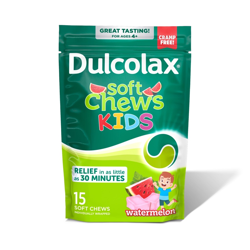 Dulcolax Kids Saline Laxative Soft Chews, Stimulant-freie Laxative, Gentle Constipation Relief für Kinder, Weichen Hocker, Wassermelon Flavor, Magnesium Hydroxide 1200 mg, 15 Count