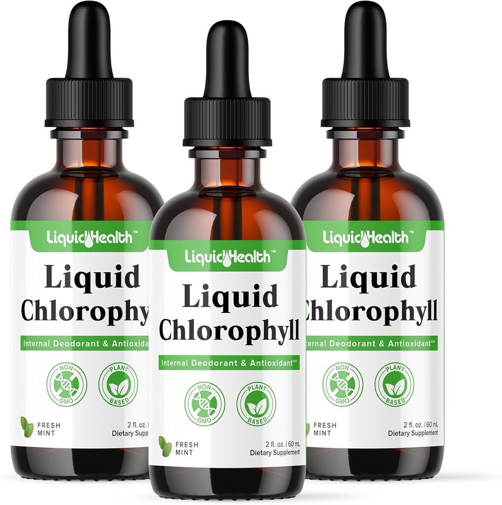 LIQUIDHEALTH Liquid Chlorophyll Drops - Internal Deodorizer, Antioxidants, Liver Detox, Immune Support, Relieve Bad Breath, Reduce Appetite, Collagen for Hair & Skin Health - Vegan, Non-GMO (3 Pack)