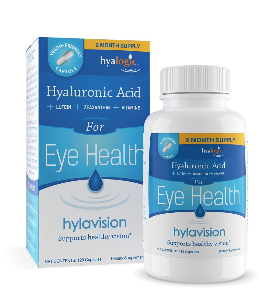 Suppléments HylaVision pour la santé des yeux : Acide hyaluronique, Lutéine et Zeaxanthin Suppléments diététiques pour le soutien de la vision (120 gélules) – Formule végane par Hyalogic