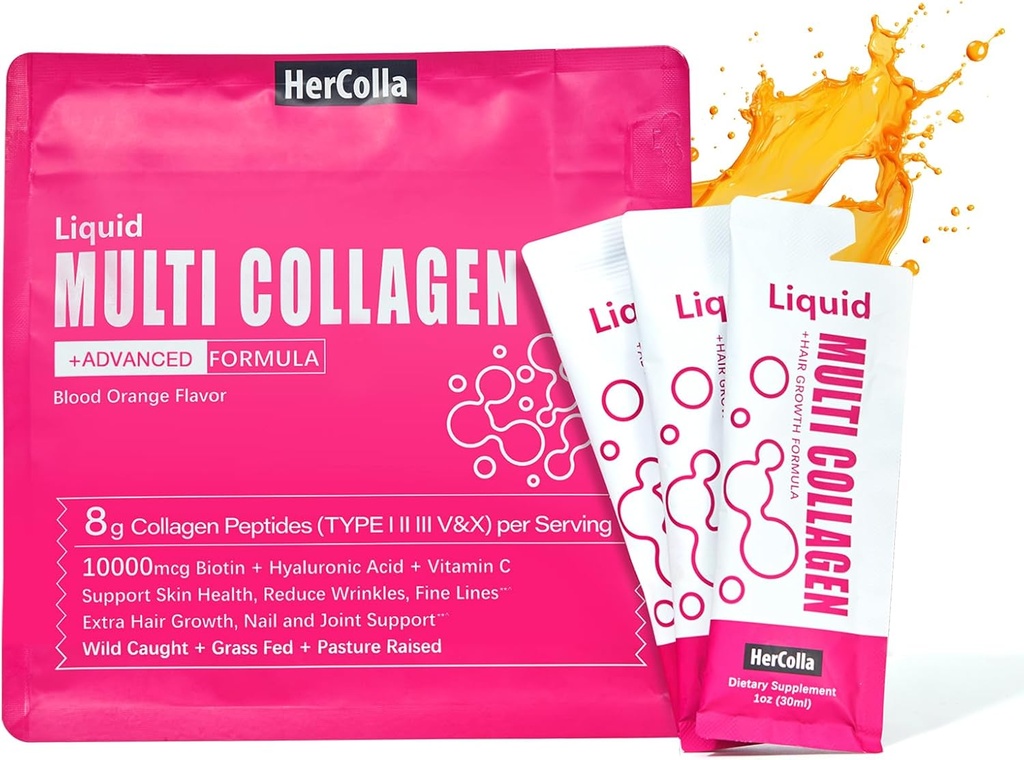 Flüssiges Kollagen für Frauen, 10000mcg Biotin, 8000mg Multi Typ Collagen Peptide, Hyaluronsäure, Vitamin C, Haut, Nagel, Haarergänzung, Orange Flavor, 10 Fl oz (1 Packung, Orange)