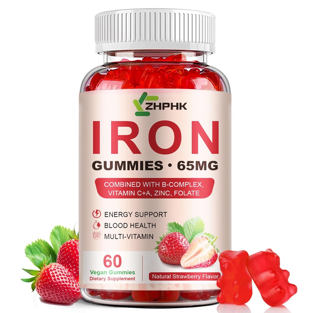 Eisen-Ergänzungsgummis, 65mg Eisen und 250mg Vitamin C für Frauen Männer Kinder, Natürliche Vegan Eisen Gummy mit Vitamin A, B-Komplex, Biotin, Zink & Schaum Energie Unterstützung & Immun Gesundheit, 60 Gummi