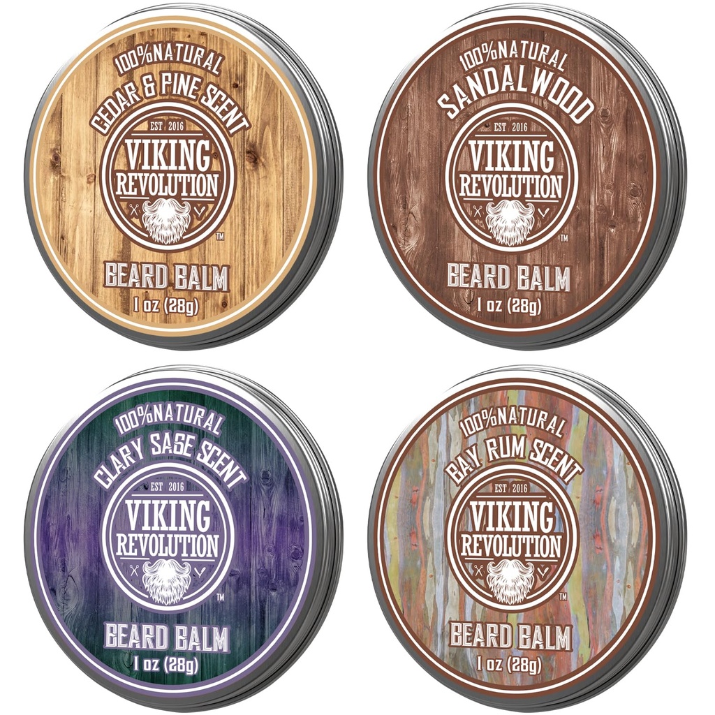 Paquet de variétés de baume de la Révolution Viking 4 (1oz chacun) - Bois de santal, pin et cèdre, rhum de la baie, sauge de Clary - Styles, renforce et adoucit les barbes et les moustaches - cire pour les hommes