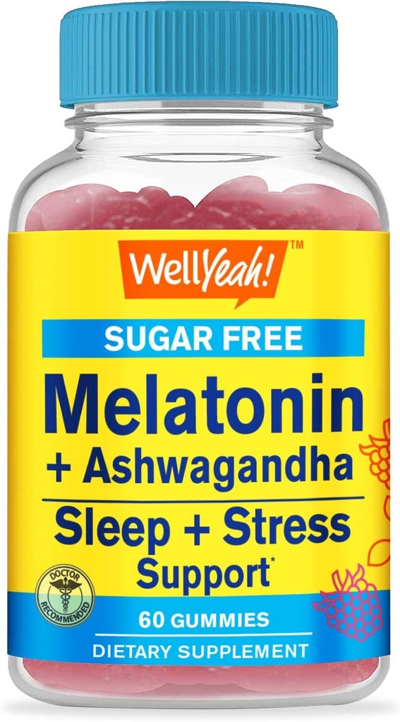 Wellja Melatonin (2mg) mit Ashwagandha (850mg) Zuckerfreier Gummi - Schlaf Stress-Hilfe-Ergänzung - mit Kamille, Zitronenbalsam, Lavender und Valerian - Natürliche Quelle Flavor - 60 Count