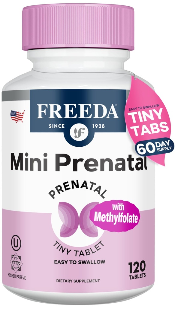 FREEDA Mini Prenatales Vitamin - Kosher Prenatals -Tiny Easy to Swallow Tablets - Pränatale Vitamine mit Eisen, Prenatale Folsäure/Folat, Vitamin D - Pre Natal Multivitamin für schwangere Frauen (120)