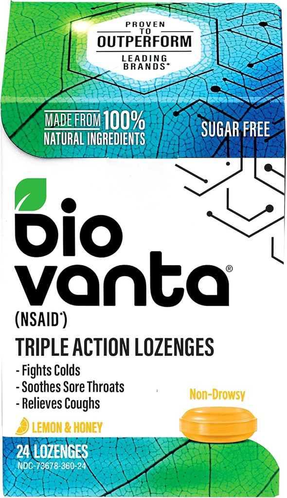 Biovanta Ingrédients naturels Lozanges sans sucre pour la toux, la gorge froide et douloureuse, 24 Lozanges au miel au citron