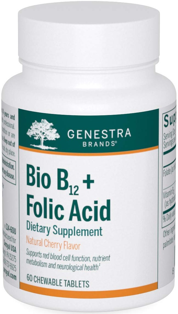 Genestra Marken Bio B12 + Folsäure | Vitamin Supplement | 60 Kautabletten