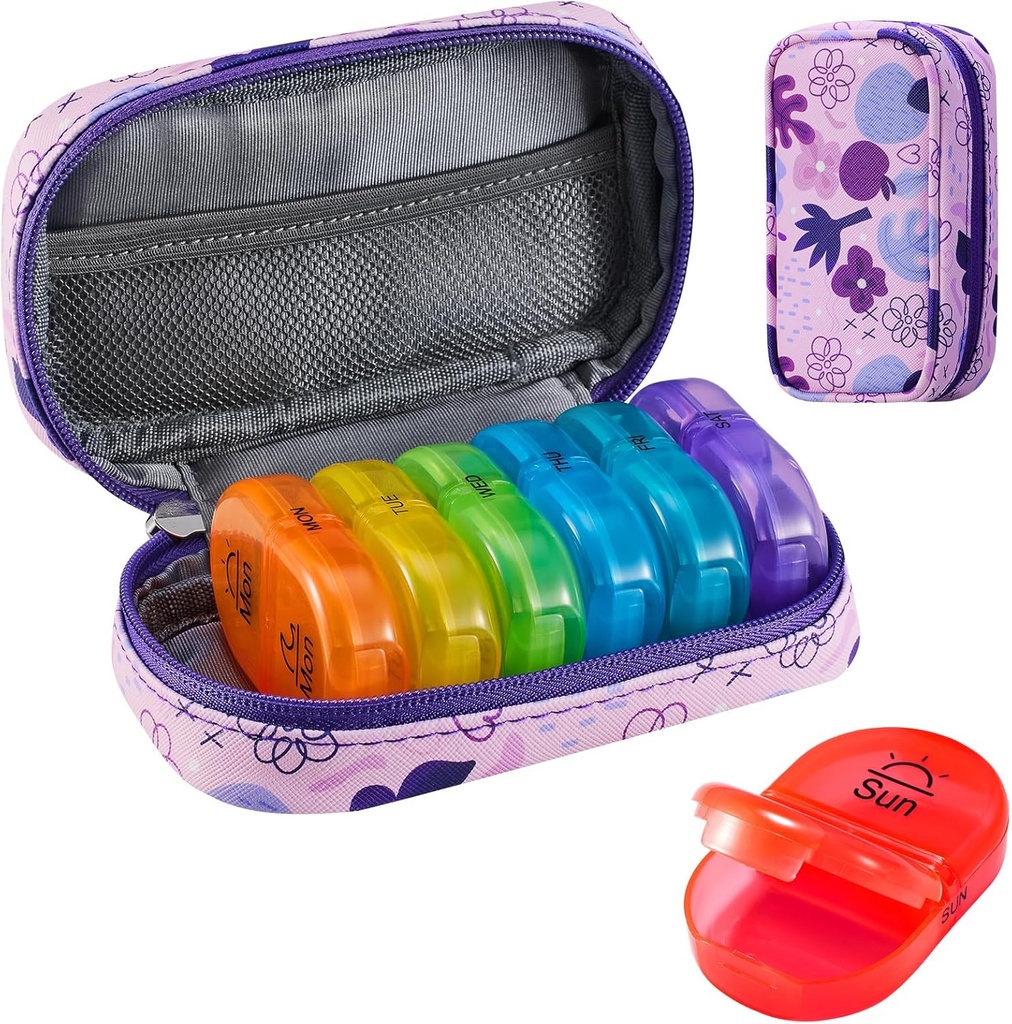 Serfeymi Weekly Travel Pill Organizer 2 Mal A Day AM Upgraded Regenbogen Pille Box 7 Tage mit tragbaren Reißverschluss PU Leder Pille Fall, Medizin Organizer für Pillen, Vitamine, Fischöle - Lila 02
