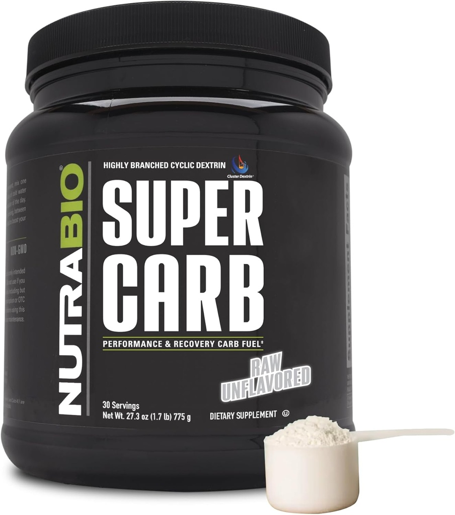 NutraBio Super Carb, Carbohydrate Powder with Cluster Dextrin & Electrolytes, Advanced Carb Supplement Powder for Workout Fuel, Performance, and Muscle Recovery, Cyclic Dextrin, Unflavored, 30 Sv