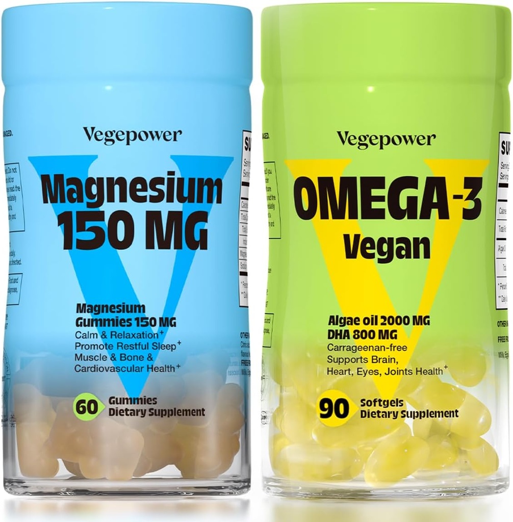 Vegan Omega-3 + Magnesium Gummies | Algae Omega-3 800mg DHA Ergänzungen für Gehirn, Herzaugen Gesundheit- 90 Count | 150mg Magnesium Citrate Gummis für Erwachsene und Kinder ruhig Schlaf, Entspannung